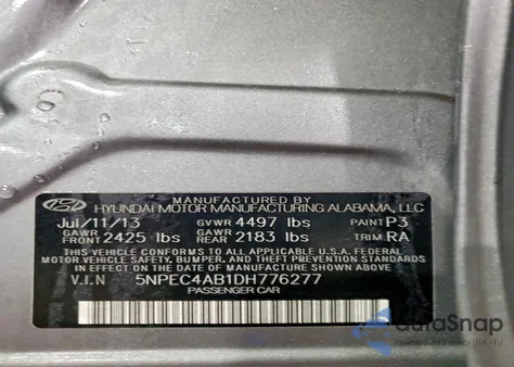 2013 Hyundai Sonata Se z USA, uszkodzony, nr VIN 5NPEC4AB1DH776277